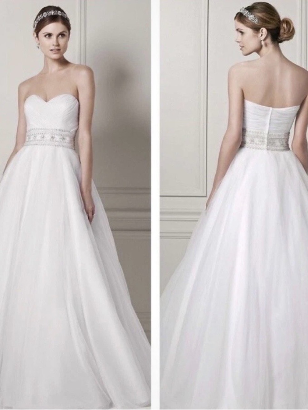 Oleg Cassini White Strapless Sweetheart Ball Gown with Beaded Waist Size 8